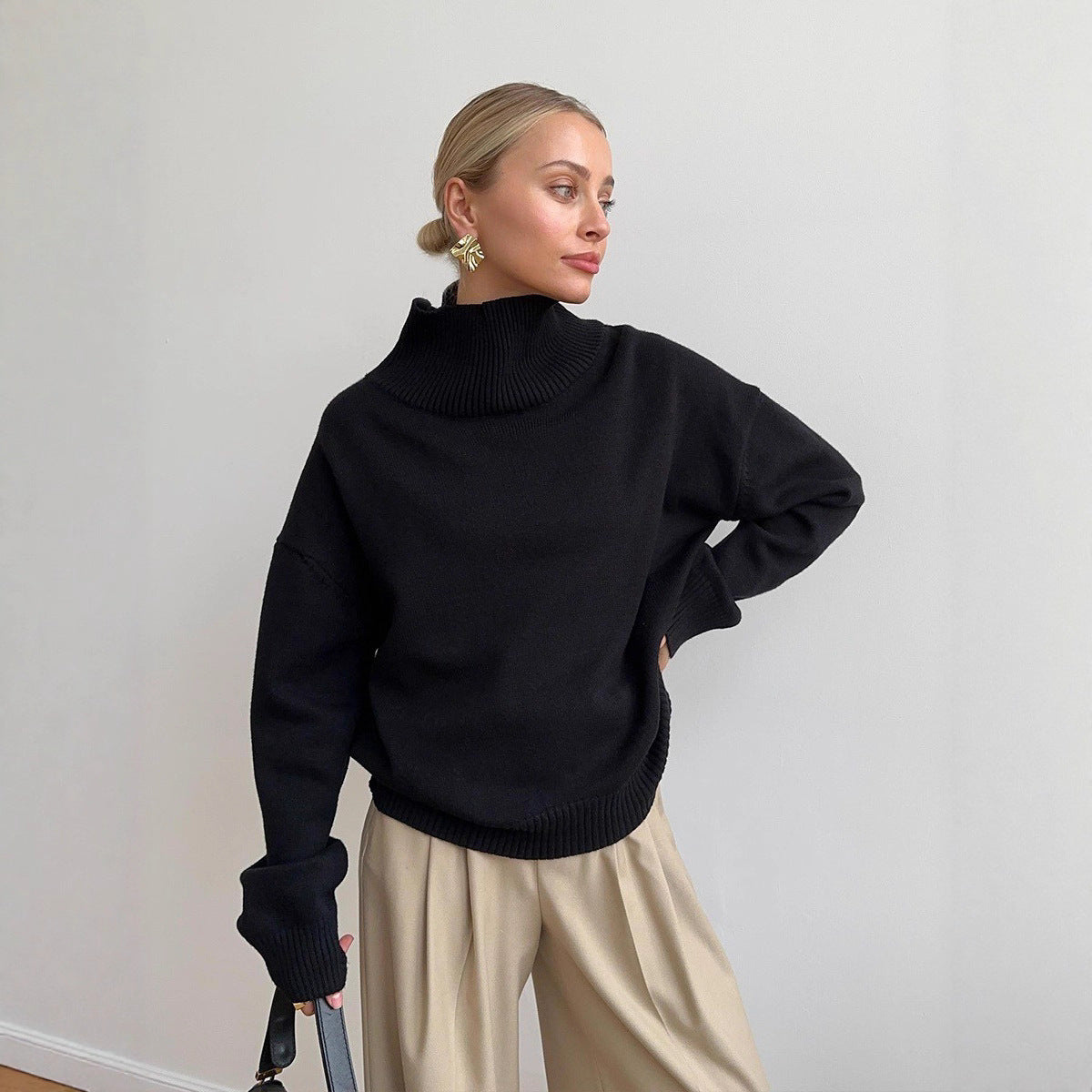 Oversized Turtleneck Sweater Solid Casual Knit Pullover