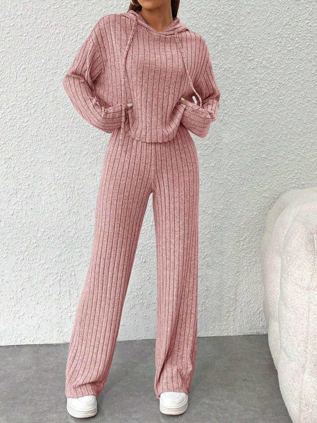 Women's Ribbed Knit Hoodie Wide Leg Pants Lounge Set