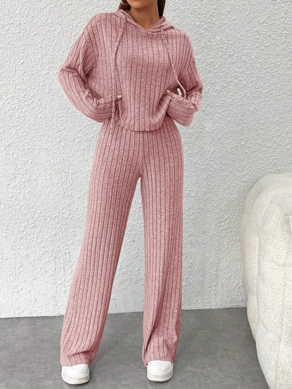 Women's Ribbed Knit Hoodie Wide Leg Pants Lounge Set