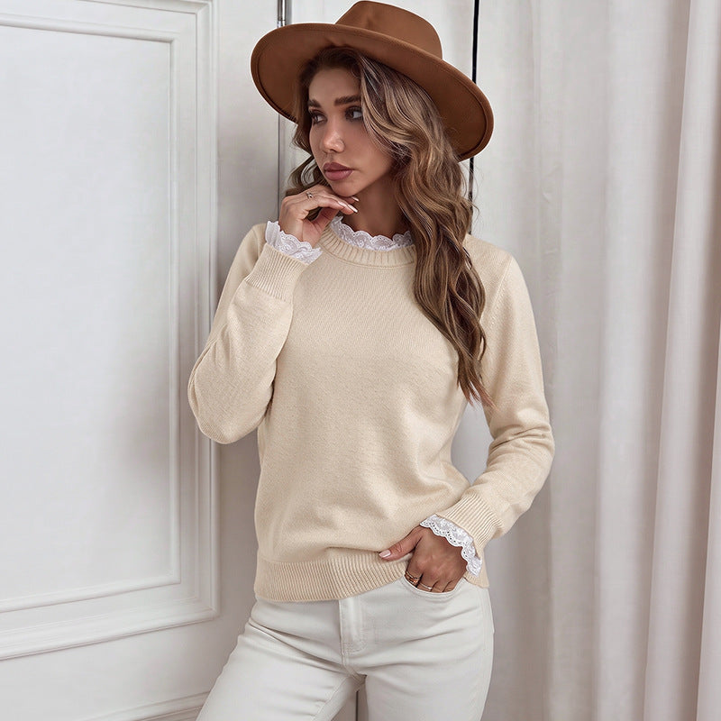 Womens Eyelet Lace Trim Crewneck Knit Pullover Sweater