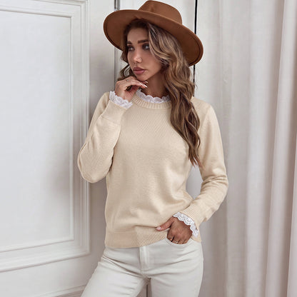 Womens Eyelet Lace Trim Crewneck Knit Pullover Sweater