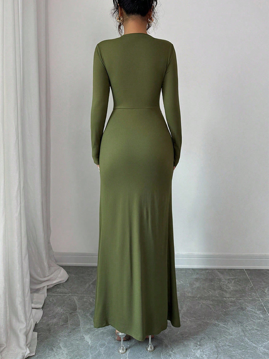 Women's Long Sleeve Bodycon Maxi Dress Knit Ring Detail