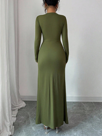 Women's Long Sleeve Bodycon Maxi Dress Knit Ring Detail