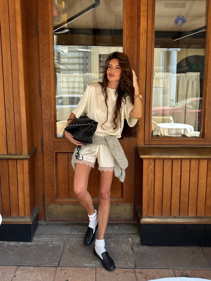 Glossy Round Neck T-Shirt & Lace Shorts Set – Casual Chic