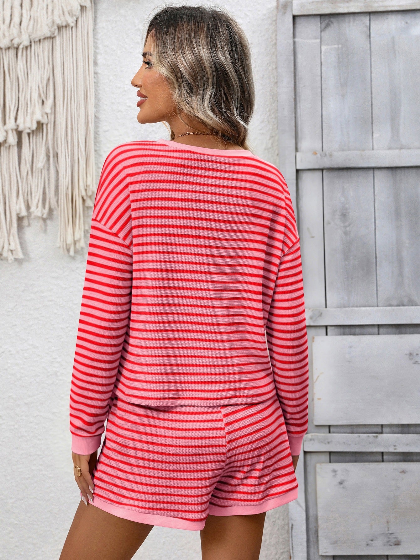 Striped waffle knit top and shorts two piece set