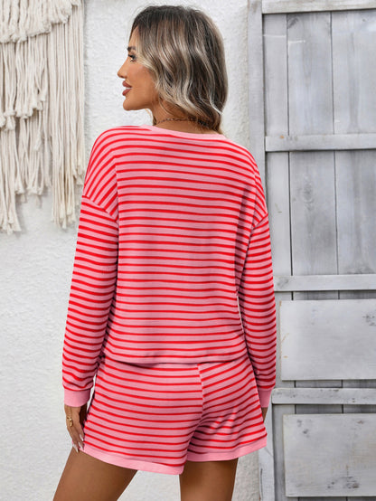 Striped waffle knit top and shorts two piece set