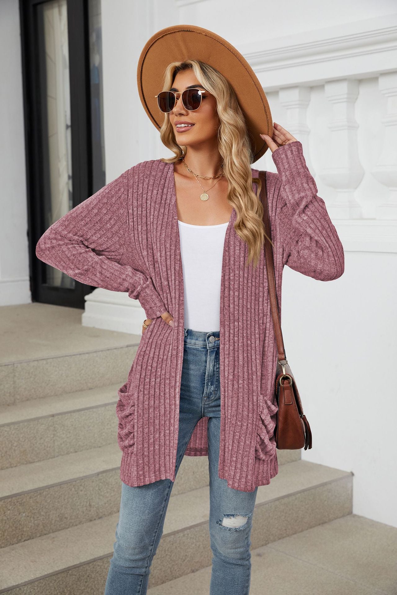 Simple Pocketed Long Sleeve Cardigan Knit Top