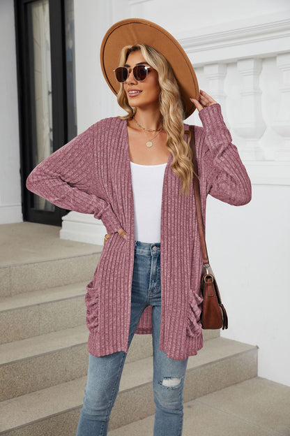 Simple Pocketed Long Sleeve Cardigan Knit Top