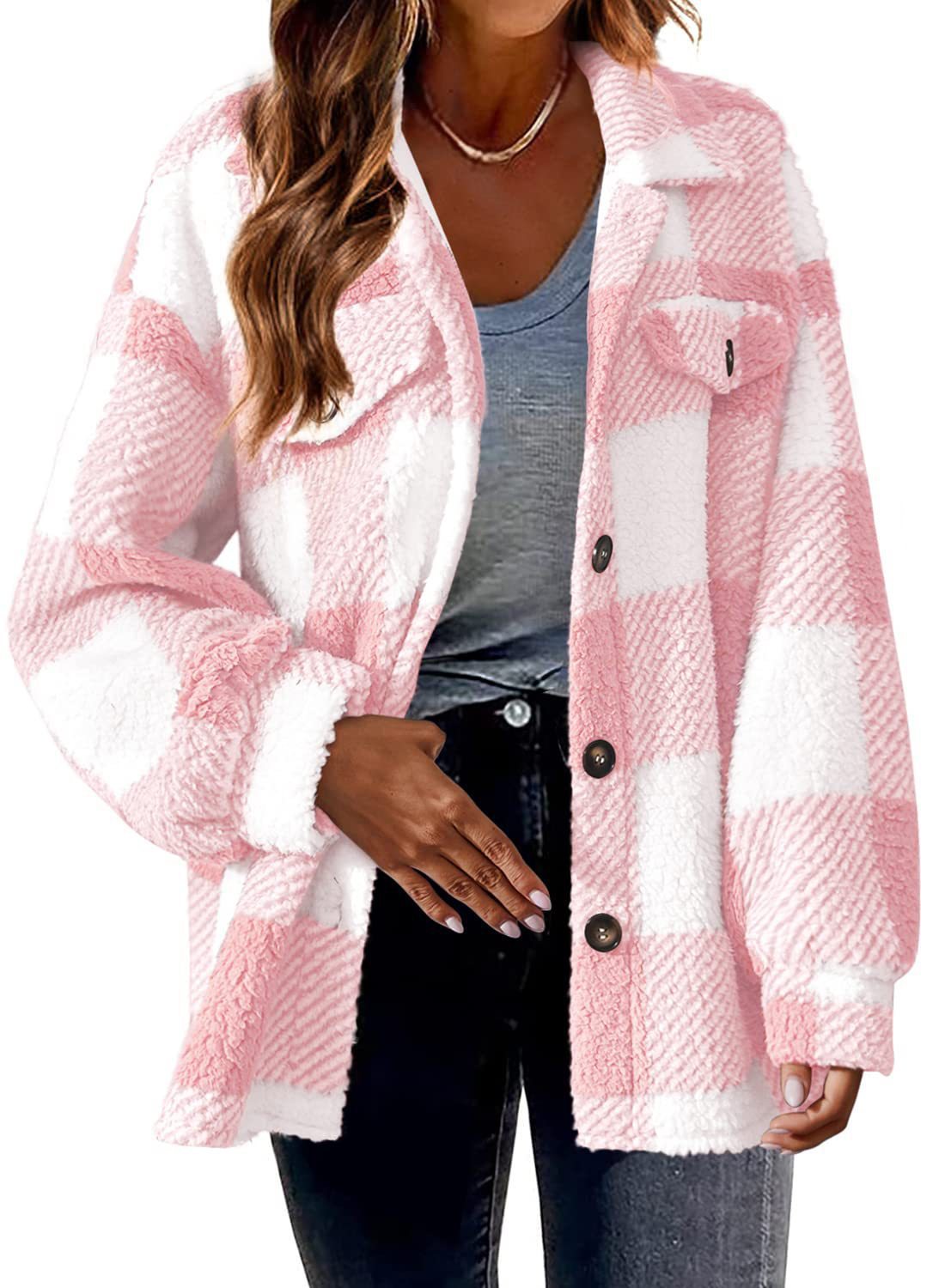 Women's Oversized Plaid Sherpa Shacket Jacket Pockets