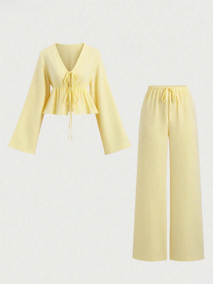 Striped Tie Front Top Wide Leg Pants Matching Set