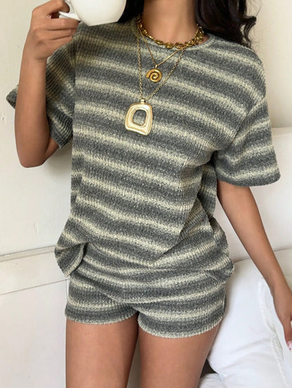 Striped Knit 2 Piece Lounge Set Women Short Sleeve Shorts