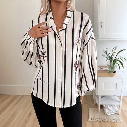 Stand-up Collar Long-sleeved Cardigan Top Striped Print Shirt