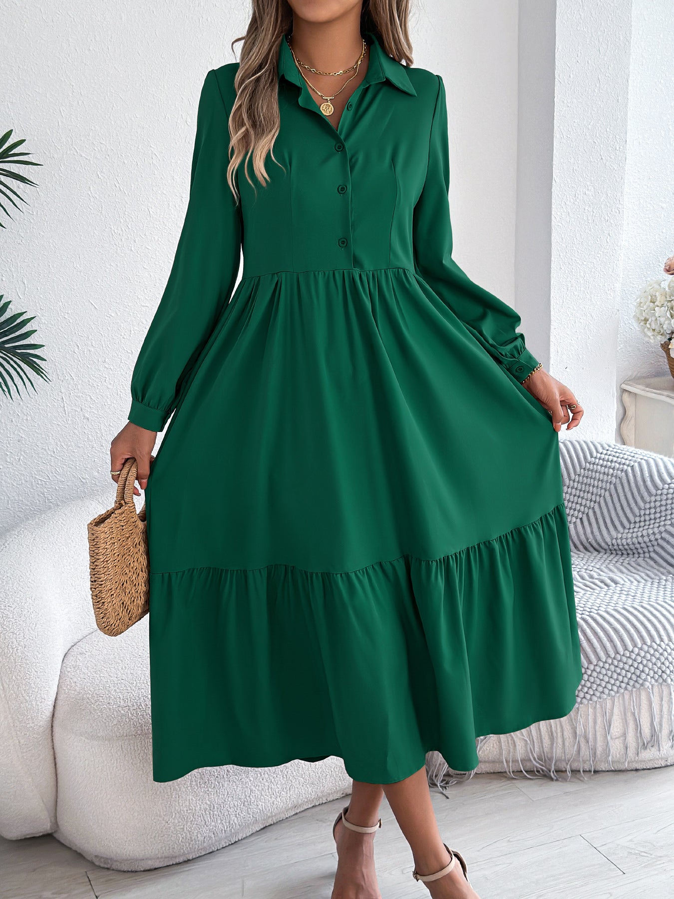 Collared Long Sleeve Tiered Shirt Dress