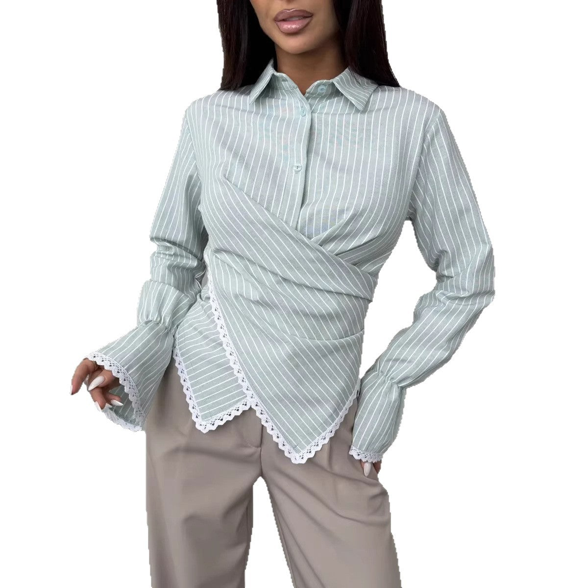 Striped Wrap Shirt with Lace Trim Long Sleeves