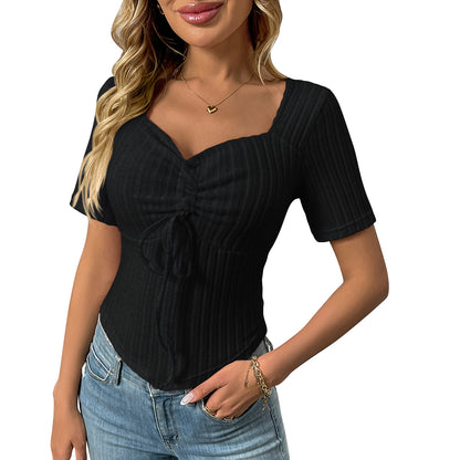 Pleated Drawstring Sexy Short-Sleeve Top