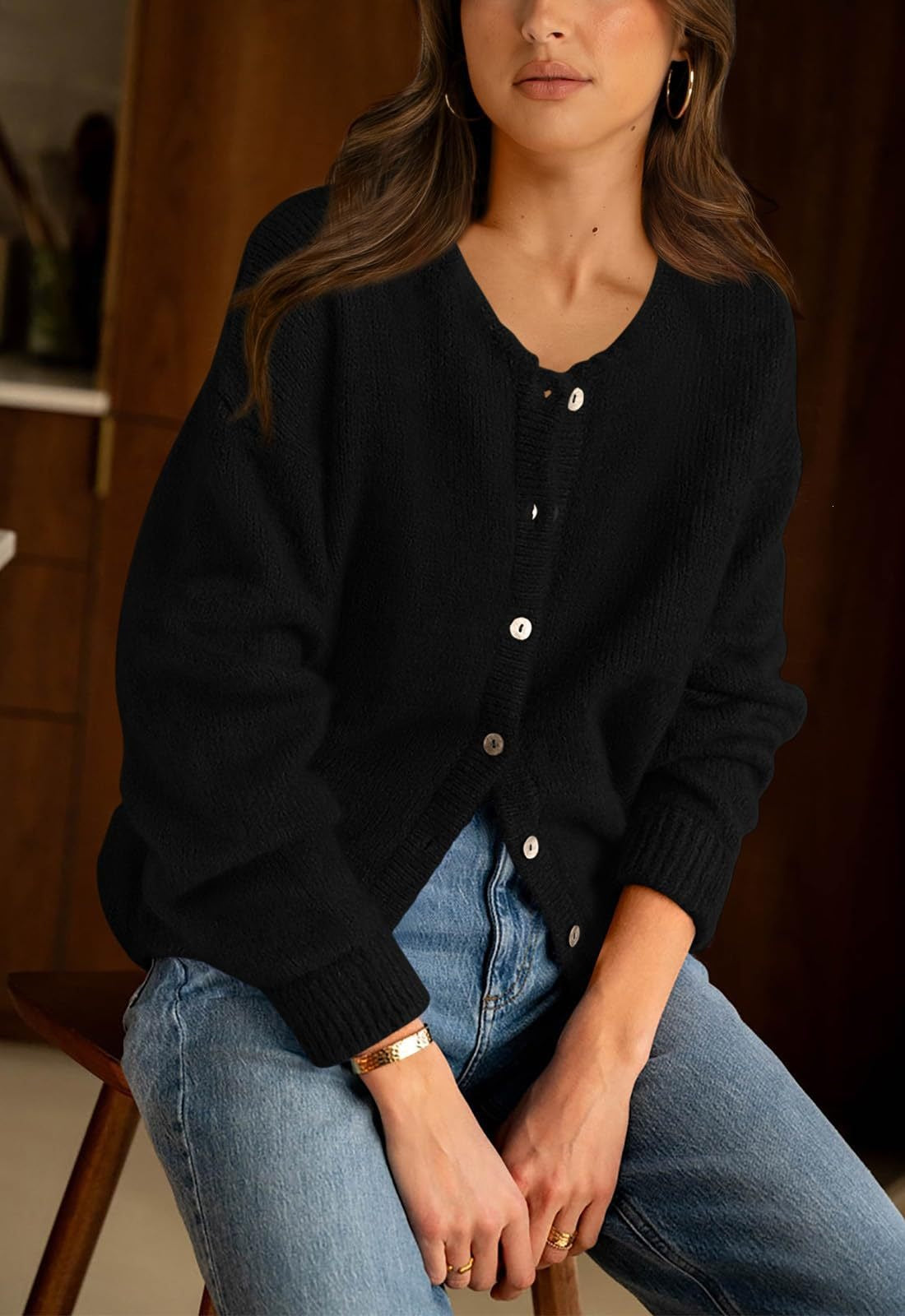 Womens Oversized Button Front Cardigan Knit Sweater