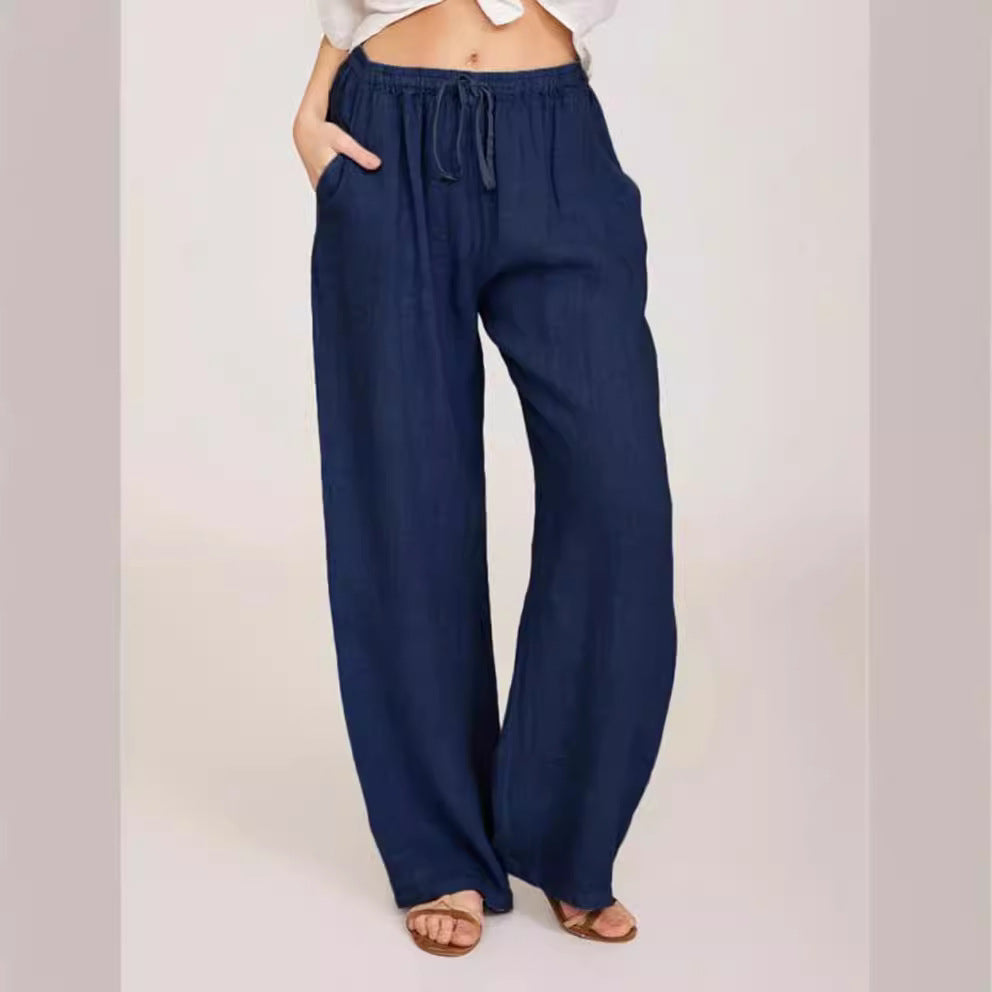 Womens Linen Wide Leg Pants High Waist Drawstring Casual