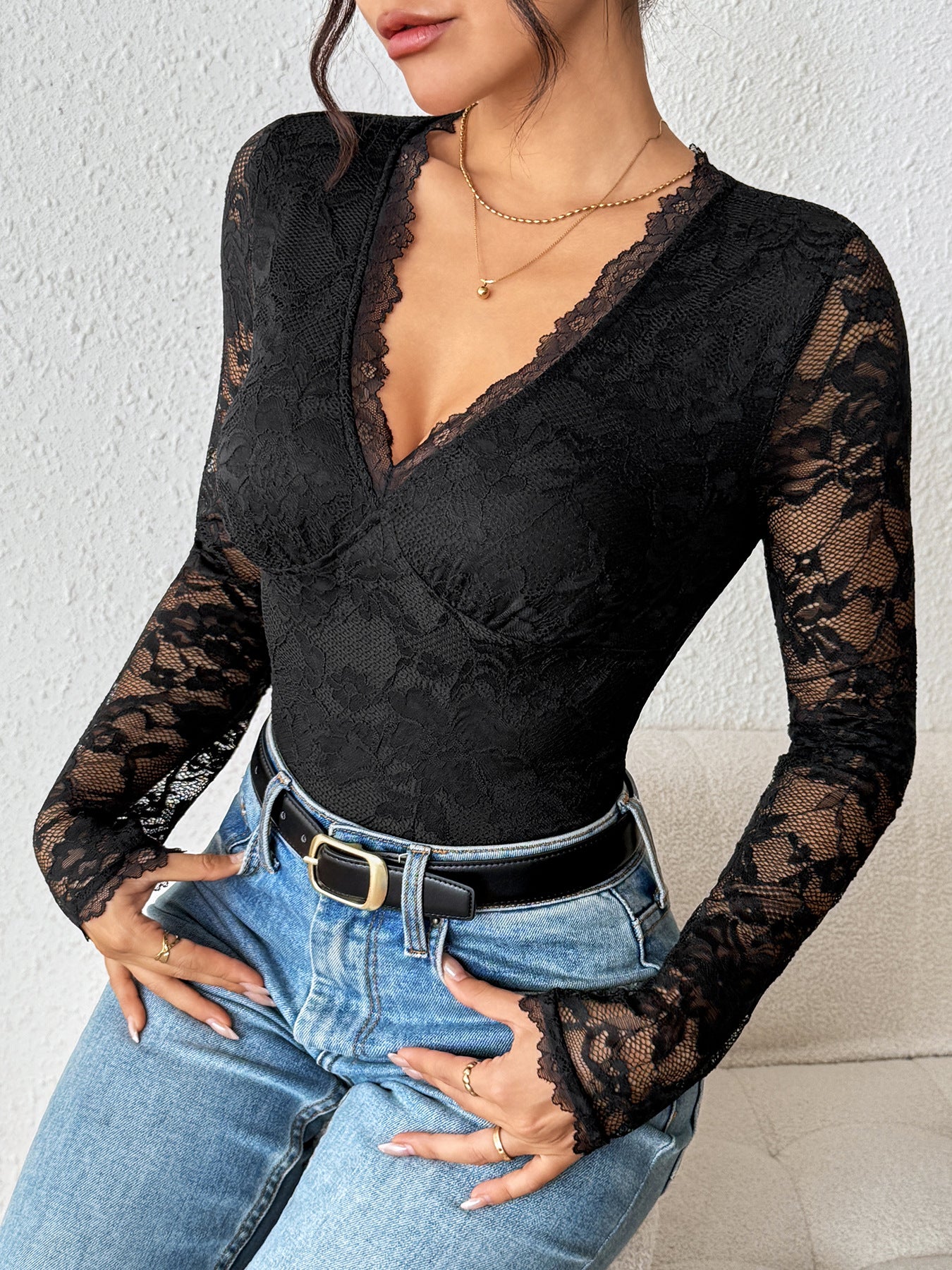 Black Lace V Neck Long Sleeve Slim Fit Bodysuit