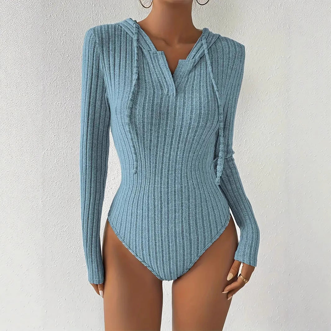 Women's Sexy Hooded Ribbed Long Sleeve Bodysuit Bodycon