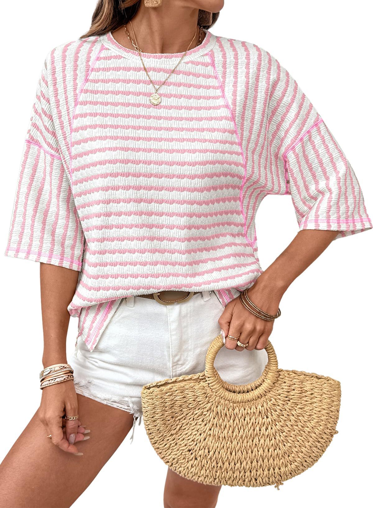 Striped Cotton Blend Tee Casual Half Sleeve Top