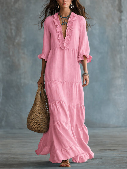 Women's Boho Tiered Ruffle Maxi Dress V-Neck 3/4 Sleeve