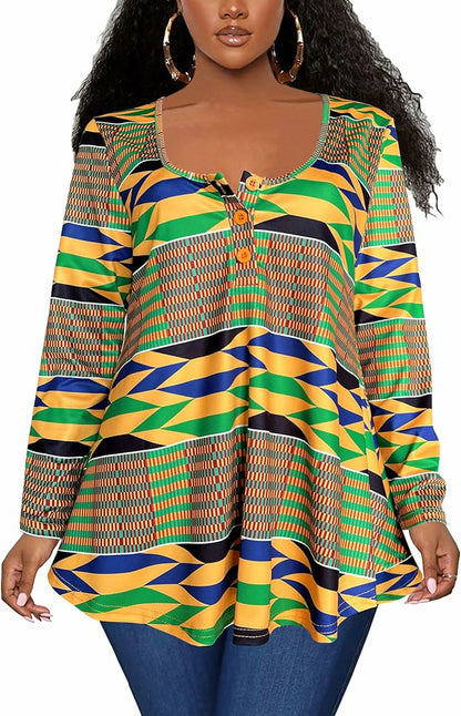Plus Size African Print Long Sleeve Henley Tunic Top
