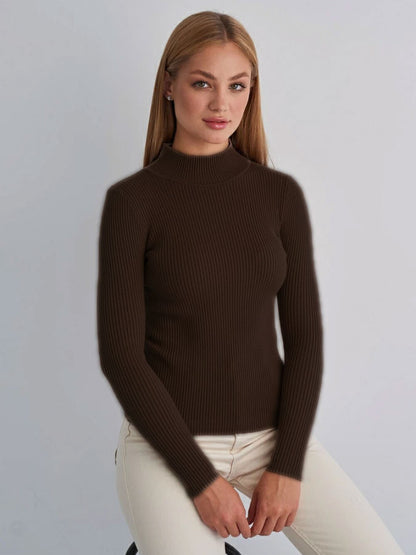 Women's Ribbed Mock Neck Long Sleeve Fitted Knit Top