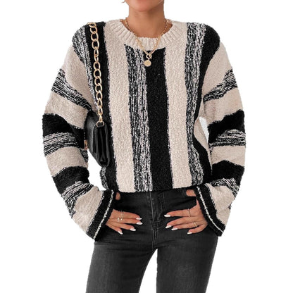 Womens Oversized Striped Sweater Crewneck Knit Pullover