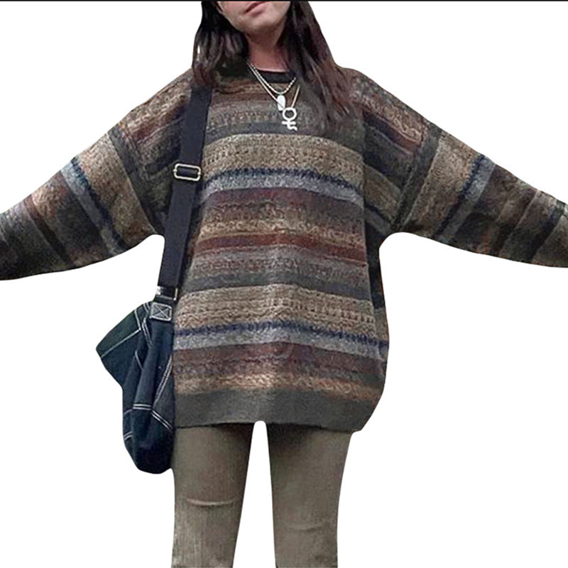 Women's Oversized Striped Sweater Vintage Crewneck Knit