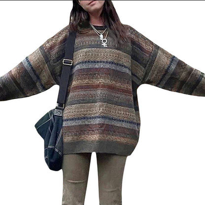 Women's Oversized Striped Sweater Vintage Crewneck Knit