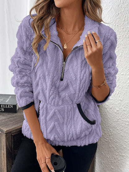 Women's Sherpa Half Zip Collared Sweatshirt Pockets
