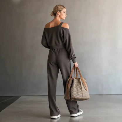 Off Shoulder Crop Sweatshirt and Sweatpants Matching Set