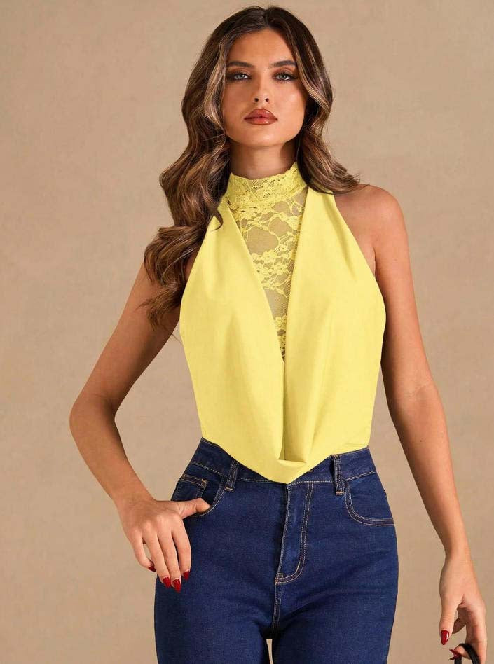 Lace Mesh Halter Bodysuit Sleeveless Backless Party Top
