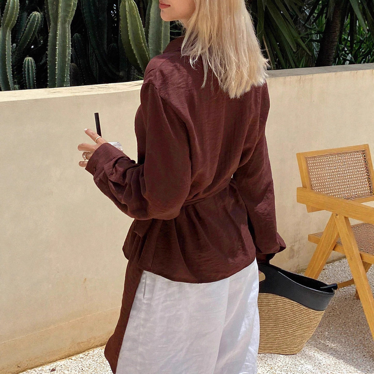 Women's Asymmetrical Wrap Blouse Tie Waist Long Sleeve