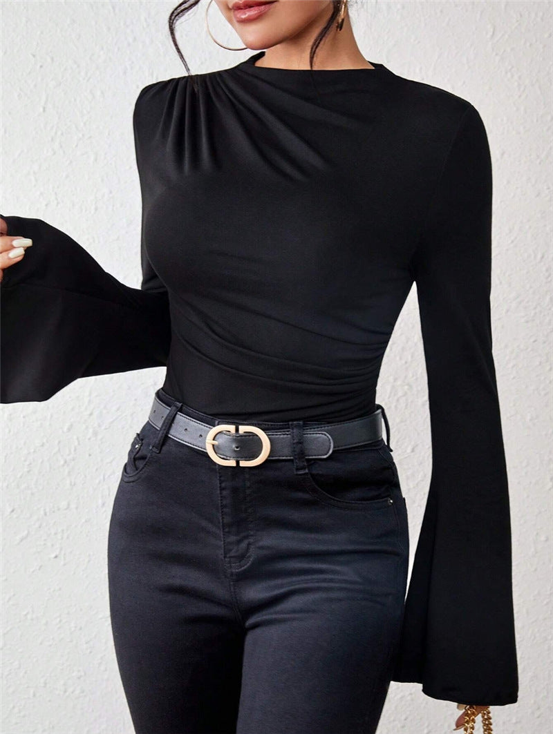 Women's Mock Neck Bell Sleeve Ruched Fitted Top