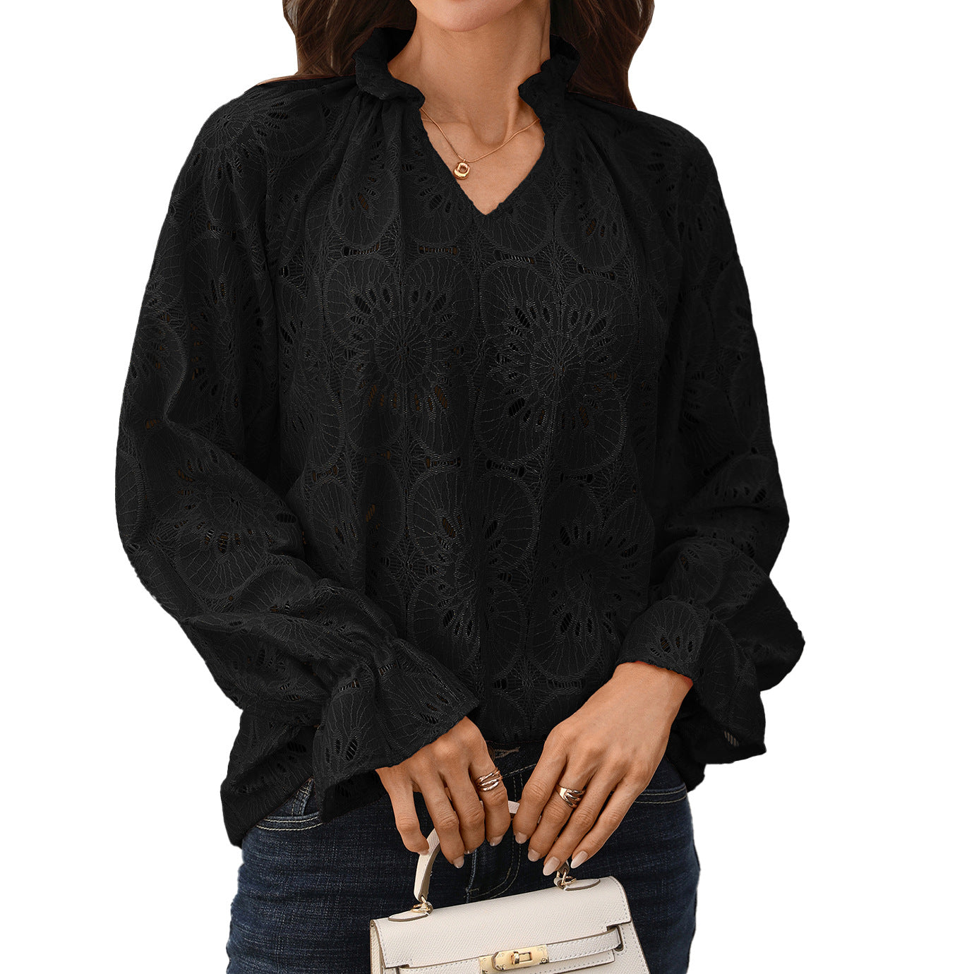 Eyelet Lace Blouse V Neck Puff Sleeve Top