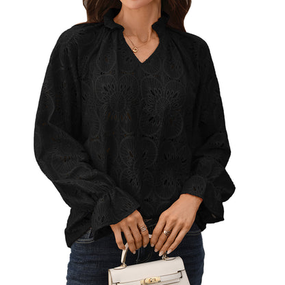 Eyelet Lace Blouse V Neck Puff Sleeve Top