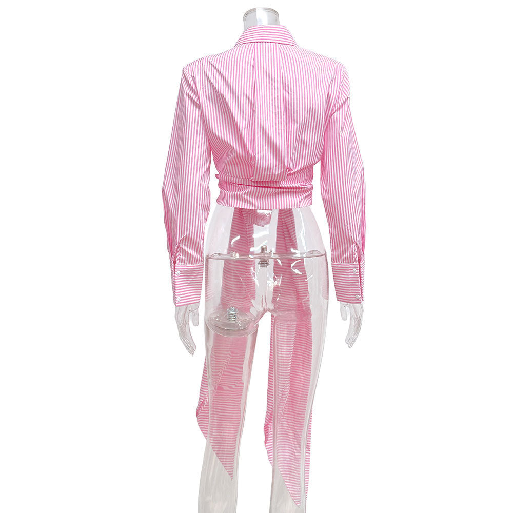 Women's Striped Tie Waist Long Sleeve Button Down Shirt