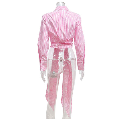 Women's Striped Tie Waist Long Sleeve Button Down Shirt