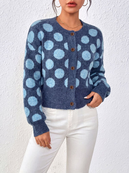 Women's Polka Dot Cropped Blue Knit Cardigan