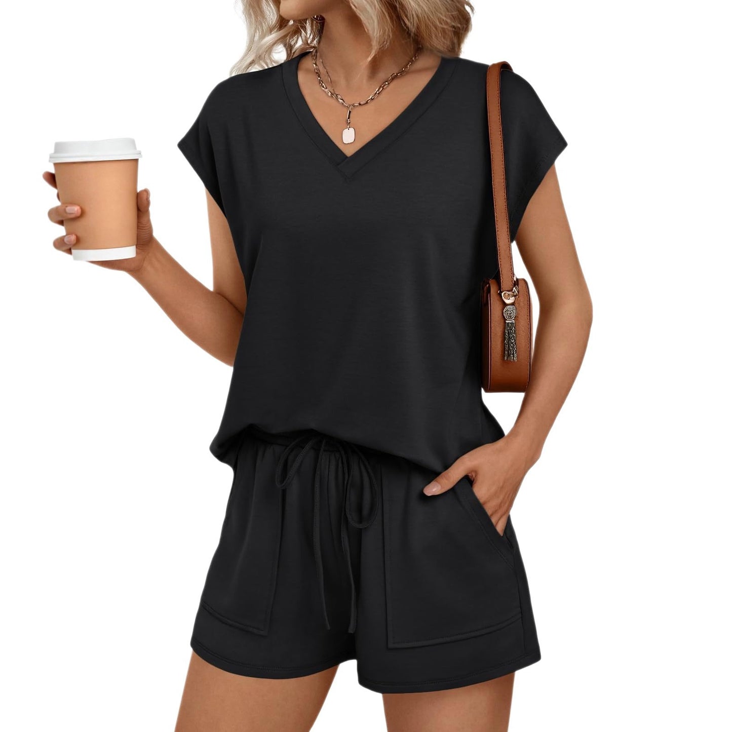 V Neck Casual Lounge Set Short Sleeve Top and Shorts
