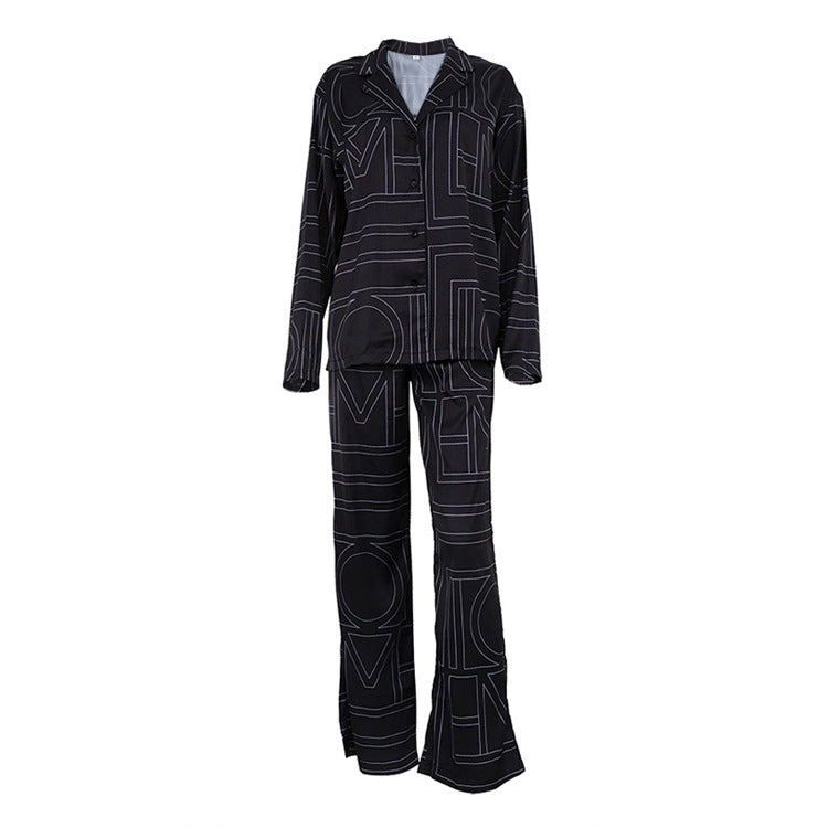 Women Satin Letter Print Lounge Set Button Shirt & Pants
