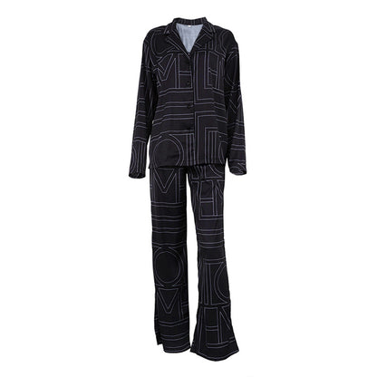 Women Satin Letter Print Lounge Set Button Shirt & Pants
