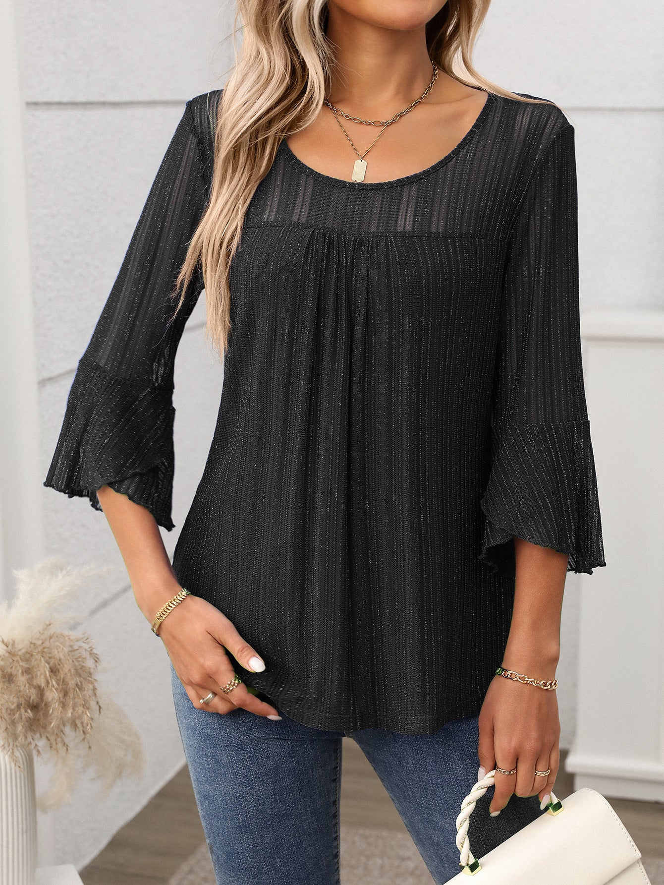 Elegant Round Neck Lotus Leaf Sleeve Mesh Top