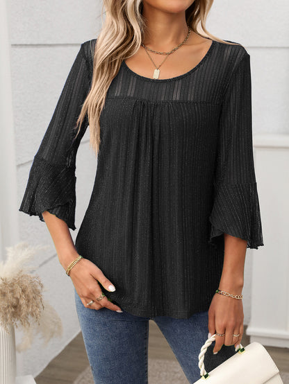 Elegant Round Neck Lotus Leaf Sleeve Mesh Top