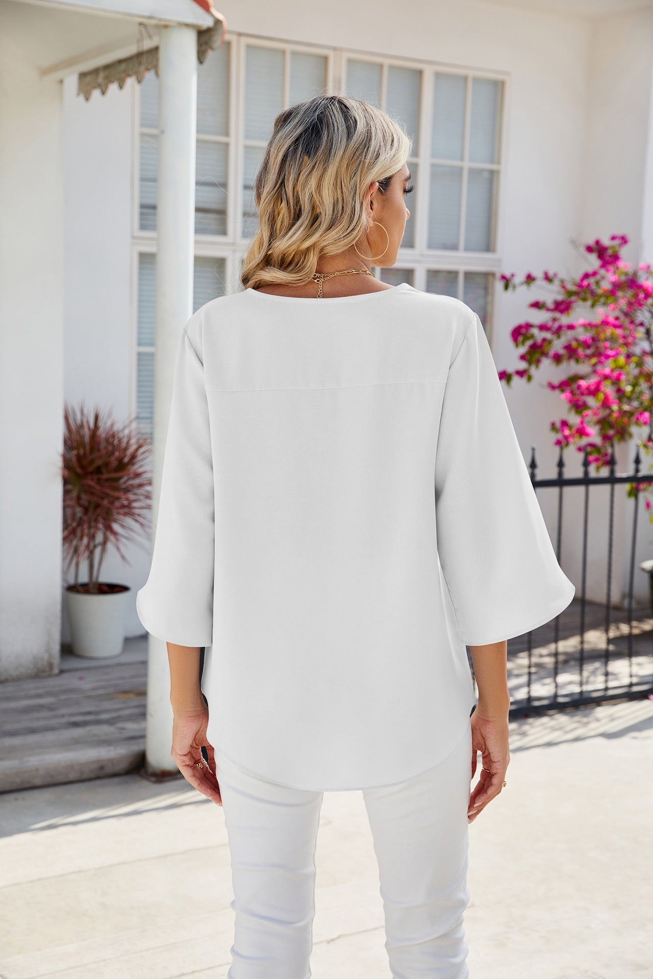 Solid Chiffon Blouse V Neck Loose Fit Custom Top