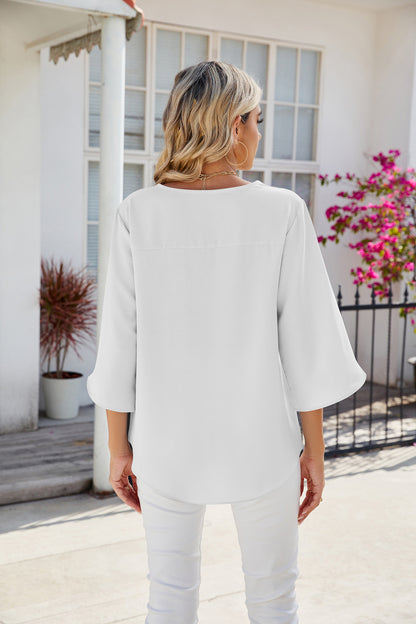 Solid Chiffon Blouse V Neck Loose Fit Custom Top
