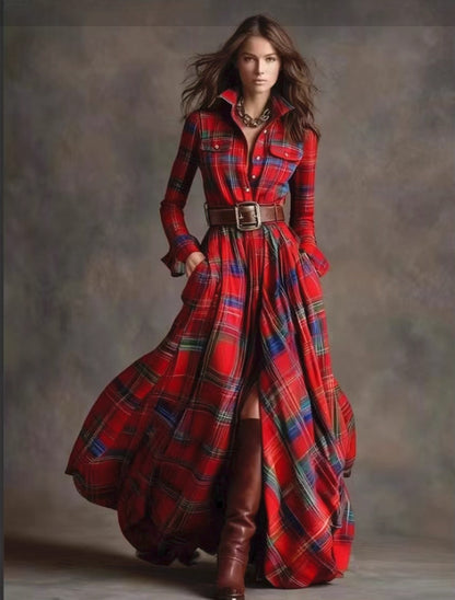 Plaid Belted Maxi Shirt Dress Long Sleeve Vintage