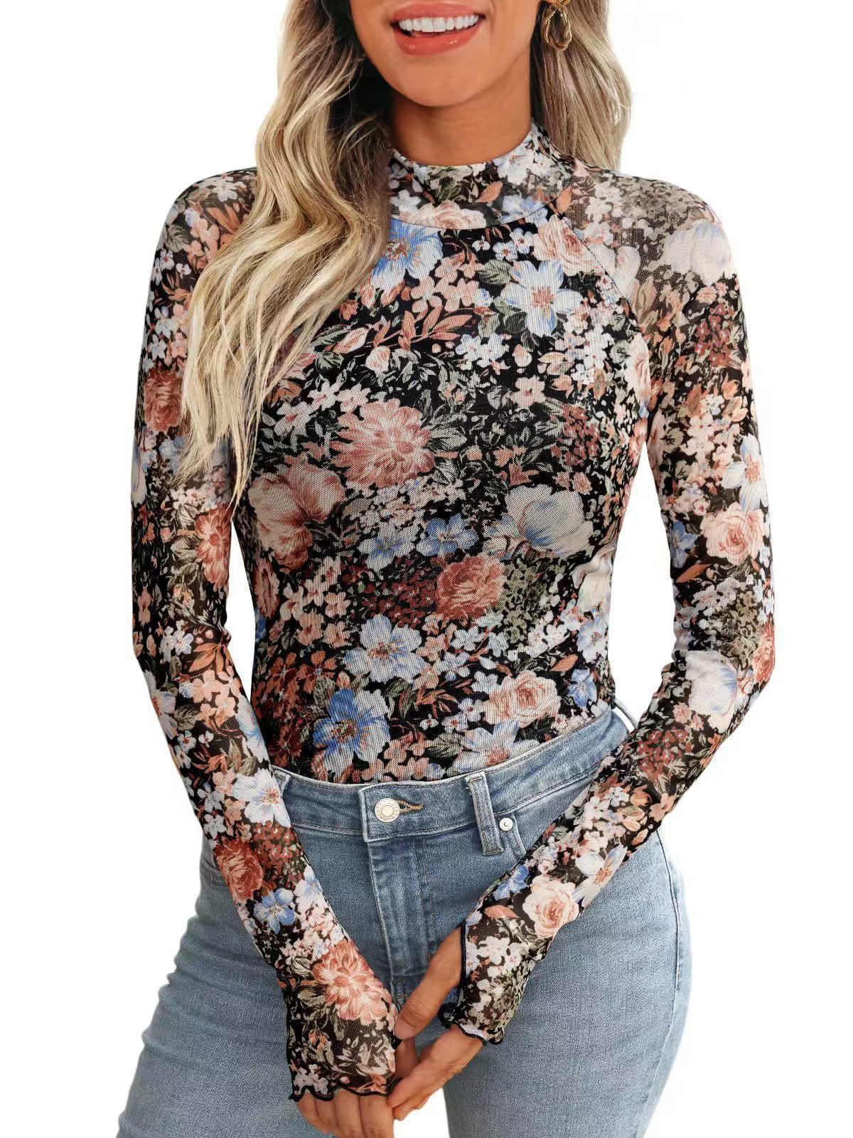 Women's Floral Sheer Mesh Mock Neck Long Sleeve Top
