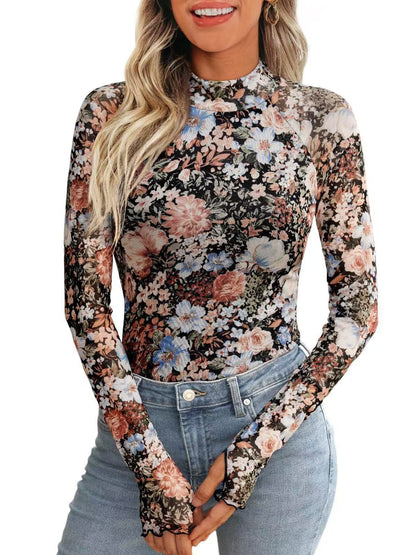 Women's Floral Sheer Mesh Mock Neck Long Sleeve Top